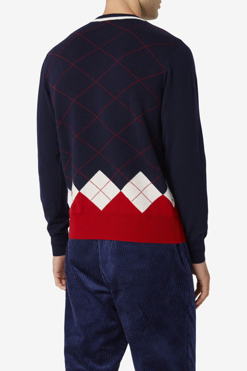 Fila 110 Argyle Crew Neck Cashmere Tröja Tröjor Herr Marinblå Vita Röda | AmmrxADPsgV