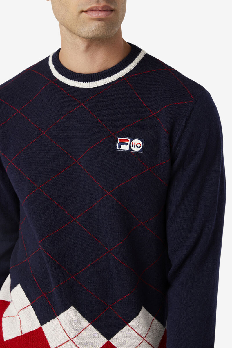 Fila 110 Argyle Crew Neck Cashmere Tröja Tröjor Herr Marinblå Vita Röda | AmmrxADPsgV