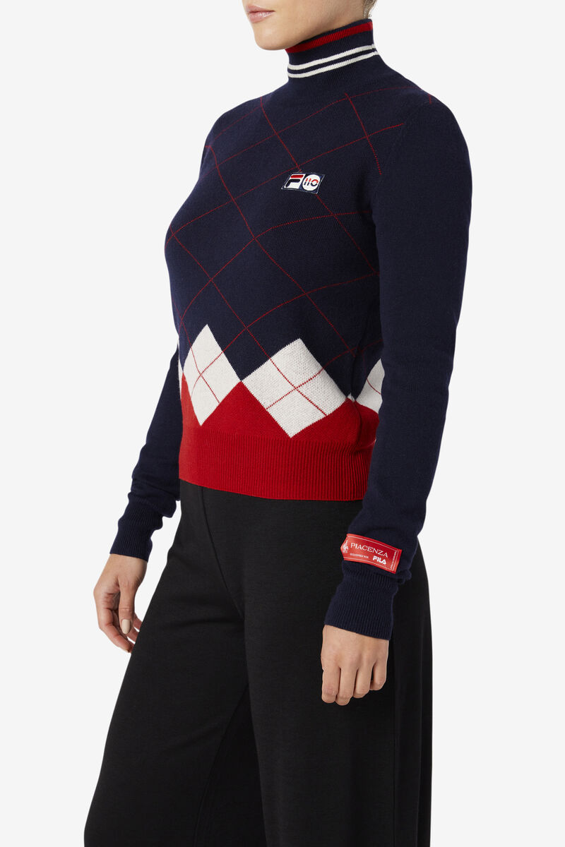 Fila 110 Argyle Mock Turtle Neck Cashmere Tröja Tröjor Dam Marinblå Vita Röda | oq9cA9lYzXT